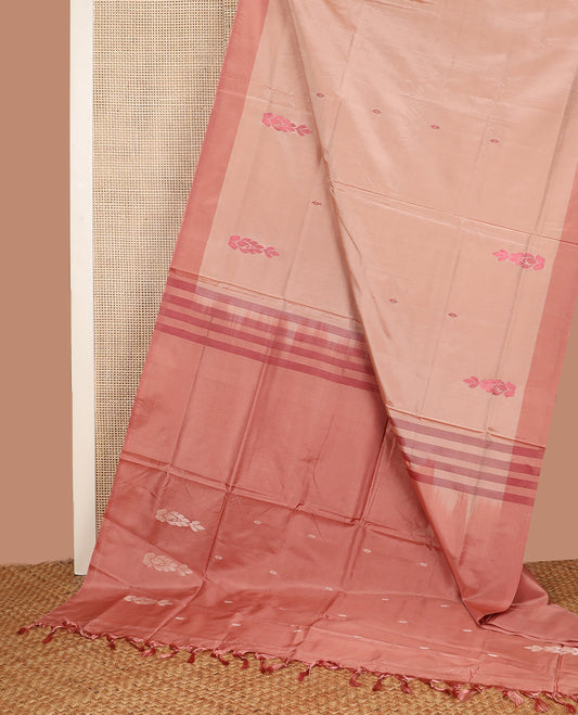 Peach Banana Pith Saree, Delicately Woven with Thread Buttas All Over Its Body, Complemented by a Contrast Border, Pallu Depicts Unique Buttas, and Paired with a Contrast Blouse