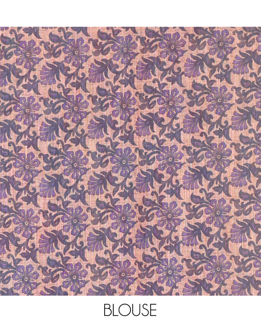 Dark Violet Linen Cotton Saree, Adorned with Shibori Print On Its Body, Subtle Piping Border, Pallu Steeped with Floral Vine Print, and Paired with a Printed Blouse