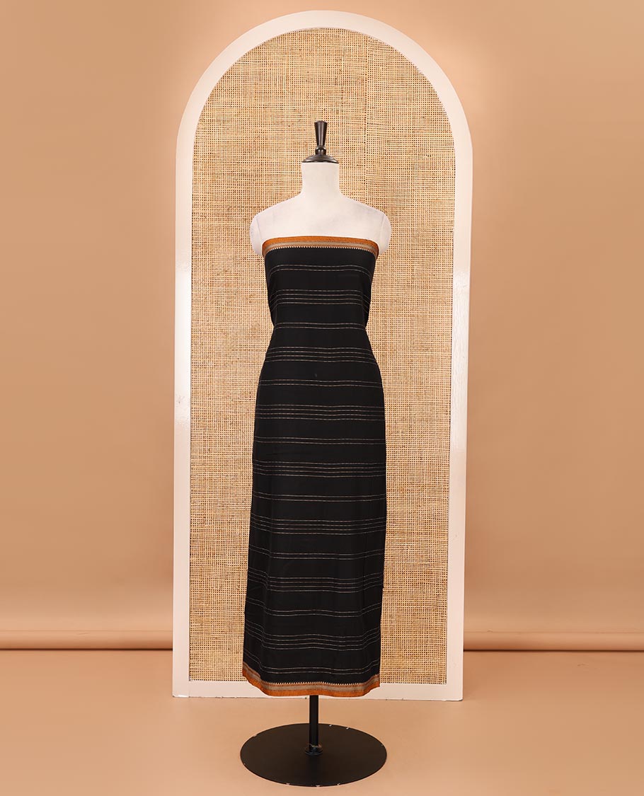 Black mercerized cotton material chudidar set,vertical striped contrast border top, matching threadwork bottom & traditional border matching dupatta