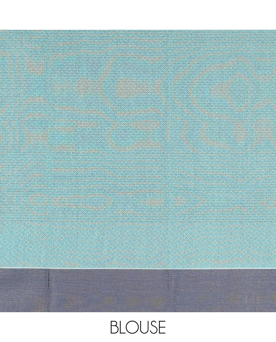 Blue Semi-Silk Cotton Saree, Adorned with Stripes and Buttas All Over Its Body, Complemented by Contrast Border, Pallu of Intricate Designs, and Paired with a Matching Blouse