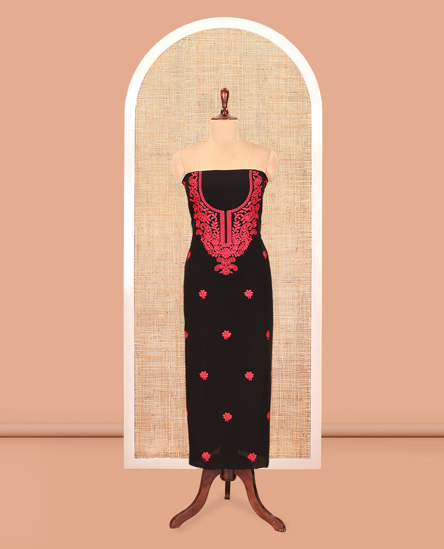 Black-Red Georgette Material Churidar Features Floral-Paisley Embroidered Top, Plain Bottom, Thread Embroidered Dupatta