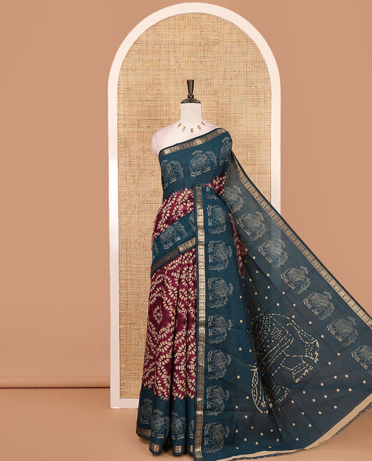 Wine diamond patterns Shibori-style printed muslin cotton saree, contrast elephant motifs printed border, batik elephant motifs pallu & contrast flower buttas printed blouse