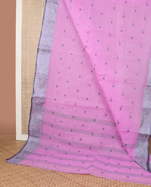 Pink motifs bengal cotton saree with contrast floral design border & striped, floral motifs pallu