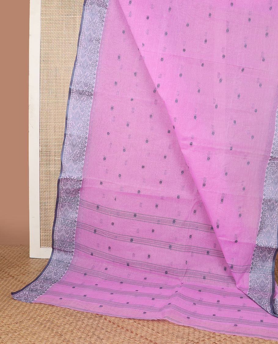 Pink motifs bengal cotton saree with contrast floral design border & striped, floral motifs pallu