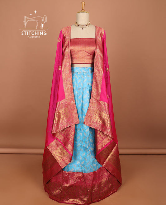 Blue geometric buttas half saree with contrast zari border, zari design blouse & floral zari design dhavani