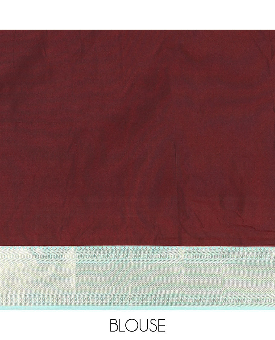 Maroon Kanchipuram Budget Silk Saree, Adorned with Peacock Chakram Buttas All Over Its Body, Complemented by a Contrast Traditional Zari Border of Floral-Bird Designs, Pallu Enriched with Geometric Patterns, and Paired with a Matching Blouse