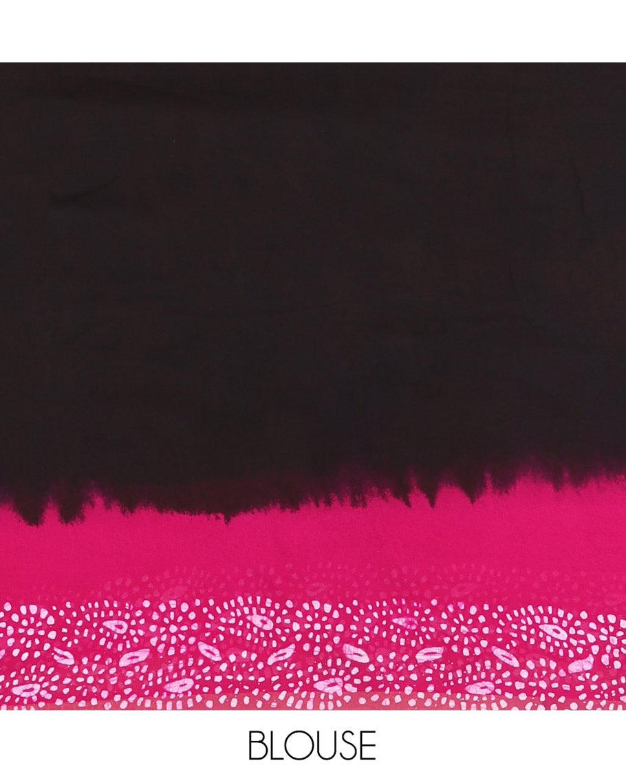 Black-Magenta Plain 60gm Georgette Saree, Contrast Batik Floral Printed Border, Batik Geometric Printed Pallu, and a Matching Blouse