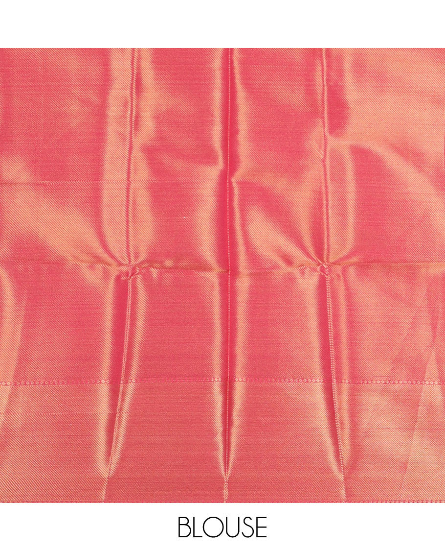 Pink jaal design screen-printed banaras tissue saree, zari bavanji border, brocade weave pallu & contrast brocade blouse