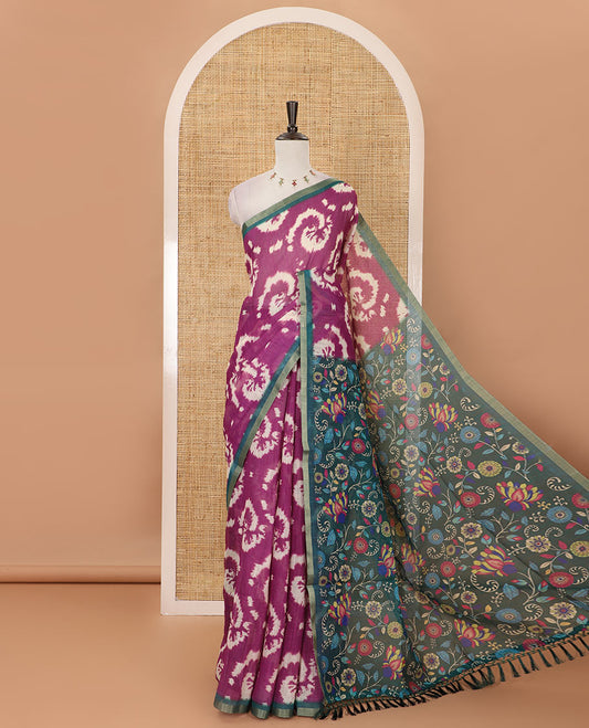 Purple shibori-style printed linen cotton saree, contrast zari piping border, kamlamkari floral printed pallu & contrast printed blouse