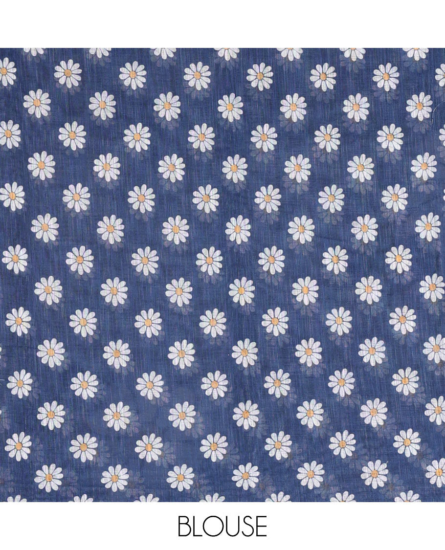 Borderless white-blue 2D-style daisy floral printed linen cotton saree, daisy floral printed pallu, and daisy floral printed blouse