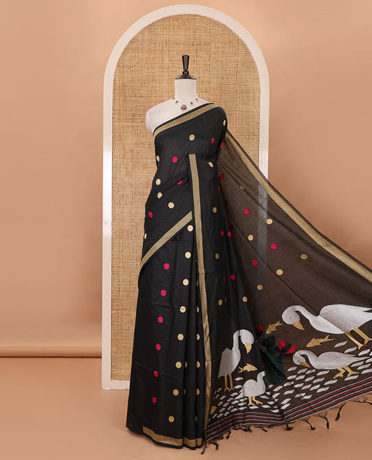 Black-base thread coin buttas mercerized cotton saree, piping border, jamdani-style pallu of floral & crane bird motifs, & matching blouse of coin buttas