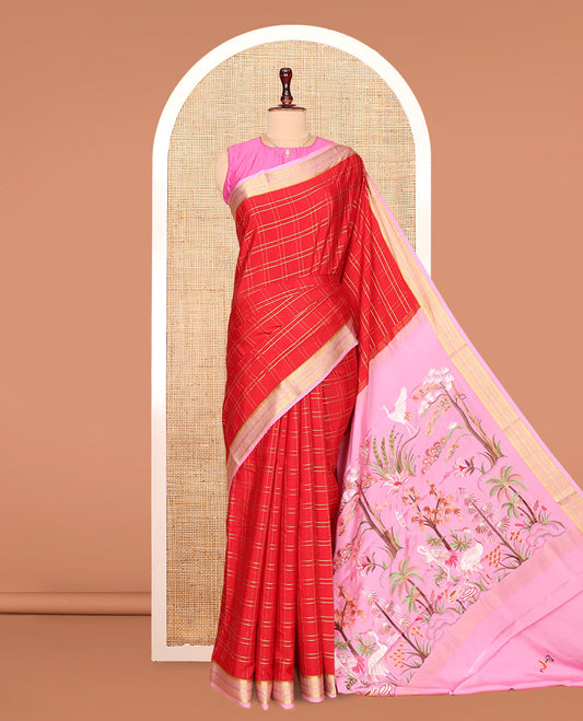Red Mysore Silk Saree, Gleamed up with Zari Checked Design on its Body, Complemented by Captivating Contrast Border of Traditional Zari Designs, Pallu of Tropical Flora and Flamingo Bird Designs, and Paired with a Contrast Blouse