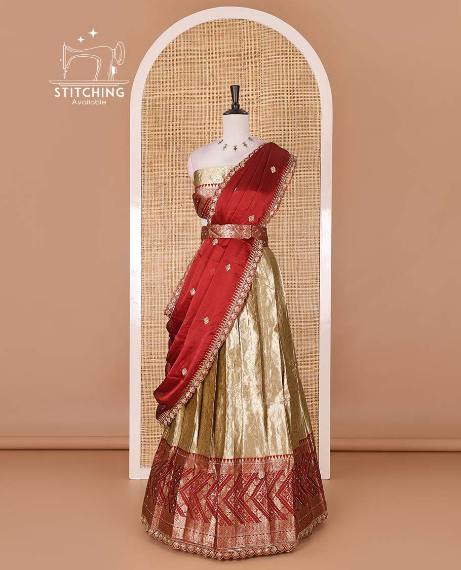 Gold banaras half saree, ogee skirt, contrast maroon traditional zari border, matching blouse, and Syska georgette embroidered dhavani