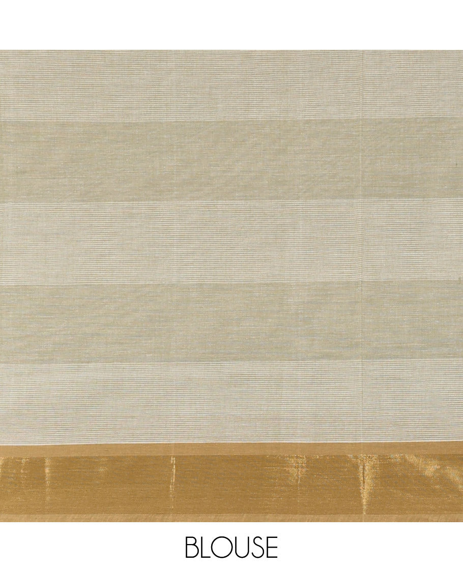 Brown striped Coimbatore cotton saree with buttas, zari border & floral design pallu