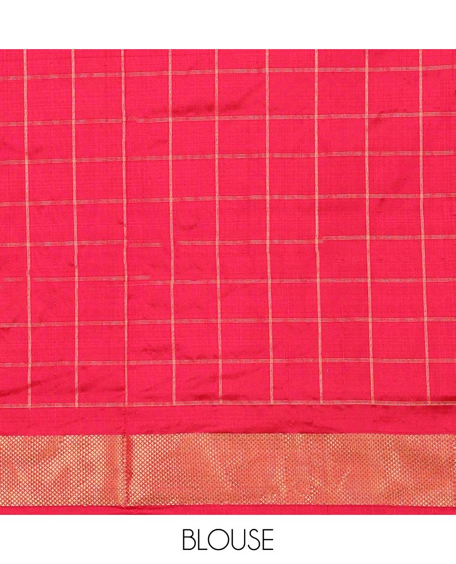 Yellow checked ikkat silk saree with contrast motifs border & striped, animal motifs pallu