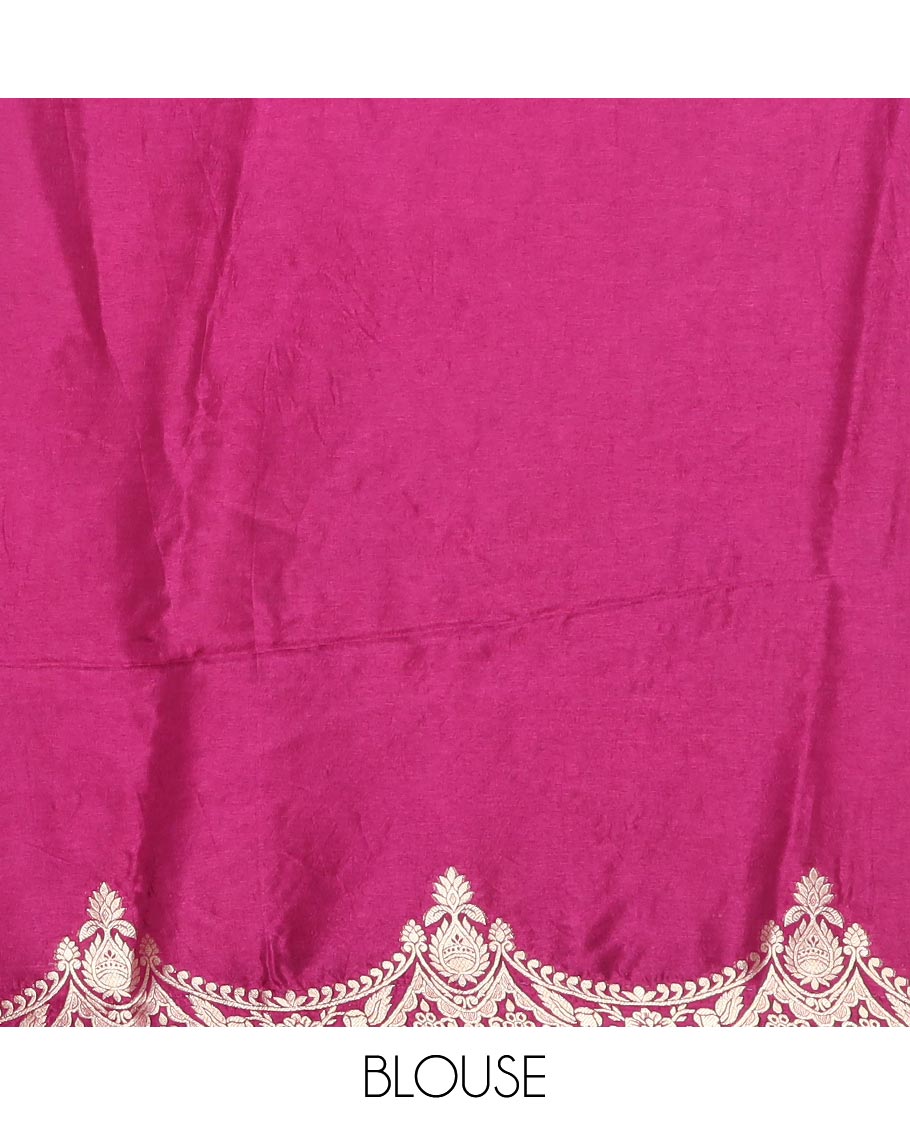 Pink floral motifs semi-banaras dola silk saree with scallop border & peacock design pallu
