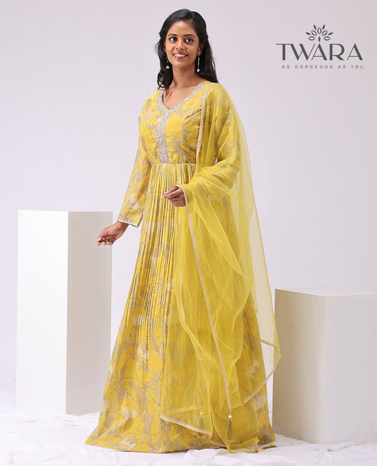 Mustard floral printed v-neck embroidered , 3/4 th sleeve, floor length with sheer , embroidery border dupatta