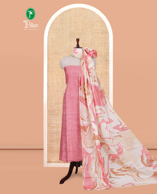Peach Semi-Bhagalpur Cotton Material Churidar Features Plain Top, a Santoon Bottom, and Contrast Abstract Printed Dupatta
