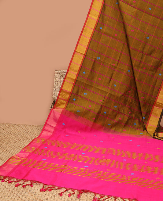Brown checked kuppadam cotton saree with buttas, striped border & contrast pallu of stripes