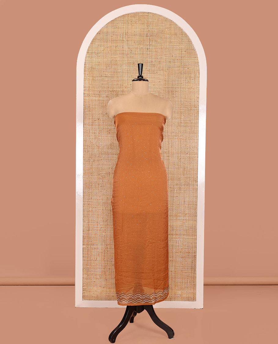 Orange Material Churidar Set, Spotlighted with Swarovski Stone Work Nc Moss Organza Top, Comes with a Plain Santoon Bottom, and Floral Printed Nc Moss Organza Dupatta