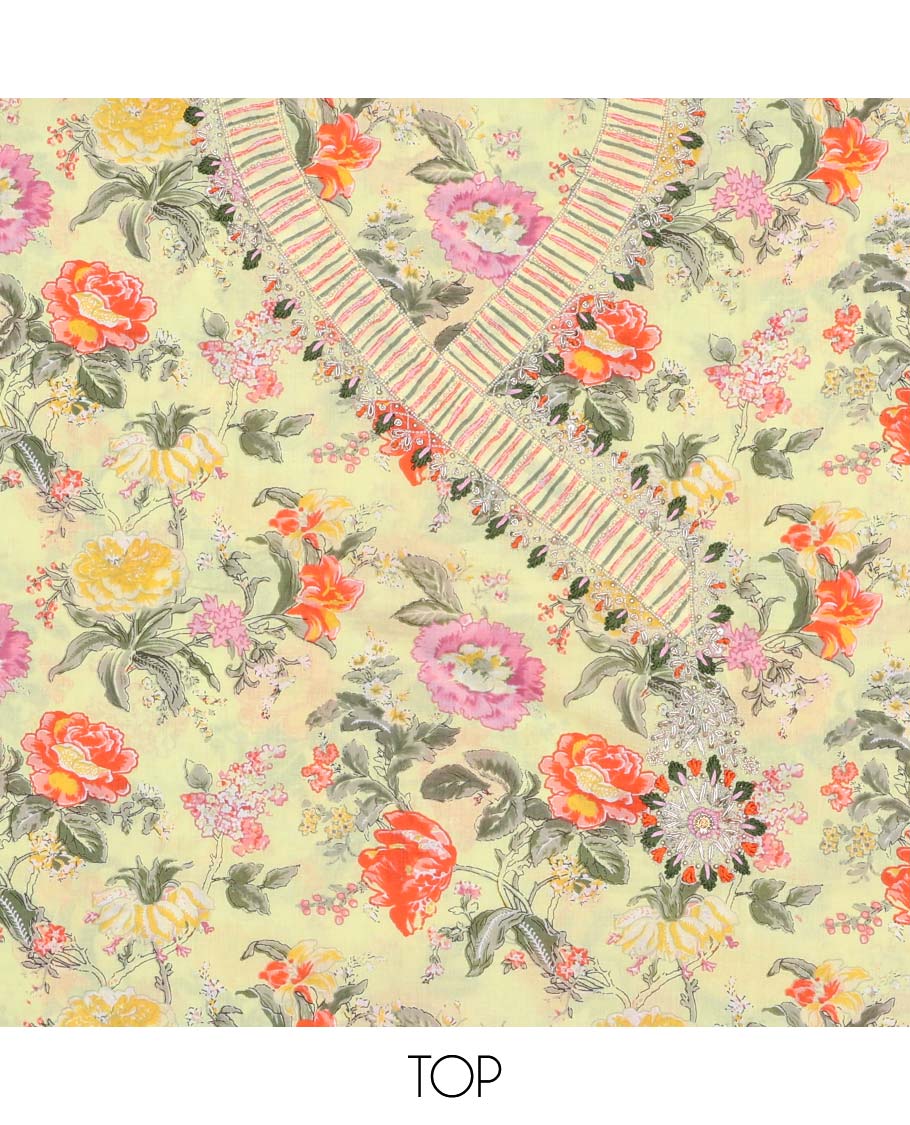 Yellow chudidhar material set floral print with thread, beads embroidery, striped bottom & plain dupattta