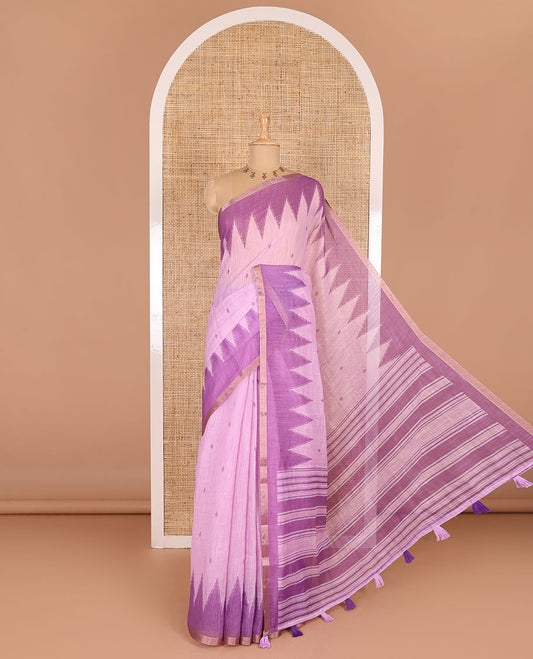 Baby pink small thread buttas linen cotton saree, contrast temple zari piping border, striped pallu and a contrast blouse