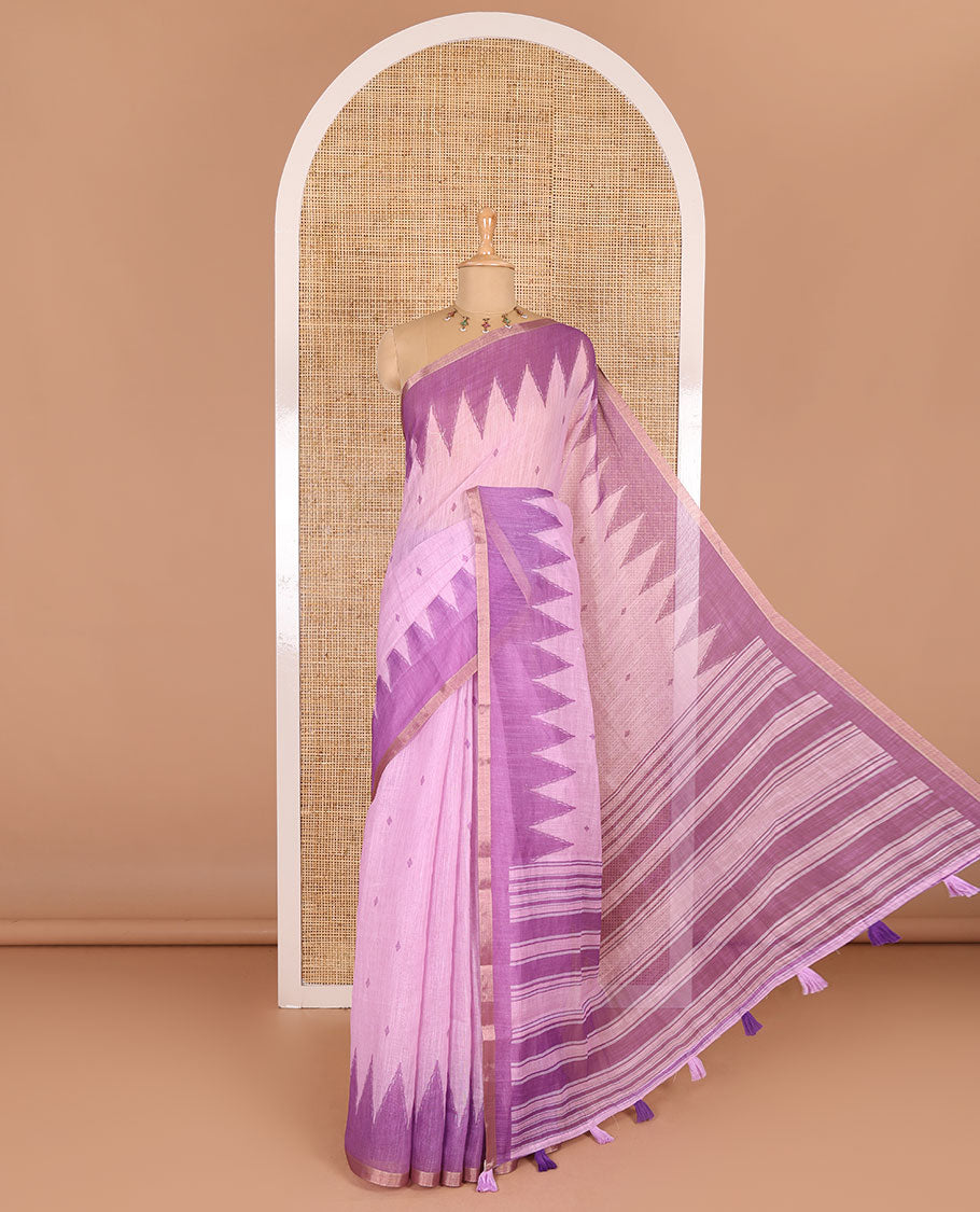Baby pink small thread buttas linen cotton saree, contrast temple zari piping border, striped pallu and a contrast blouse