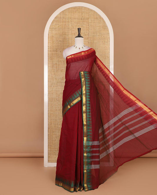 Maroon plain Chettinad cotton saree, contrast ganga jamuna temple zari border, striped pallu, and plain blouse