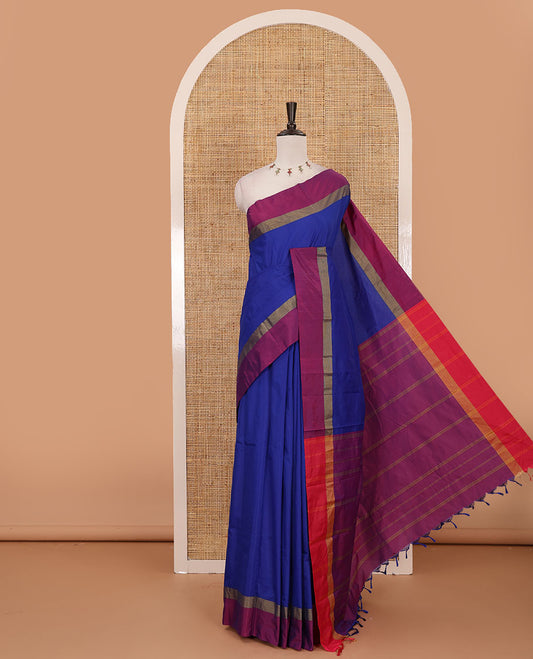 Nevy blue full-plain semi-soft saree, contrast satin border of zari stripes, striped pallu & contrast plain blouse