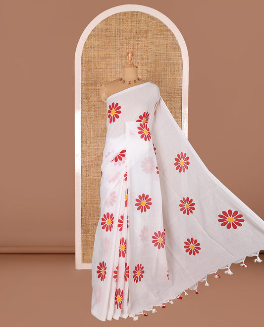 Borderless white and red daisy floral motifs printed Khadi mul cotton saree with a matching plain blouse