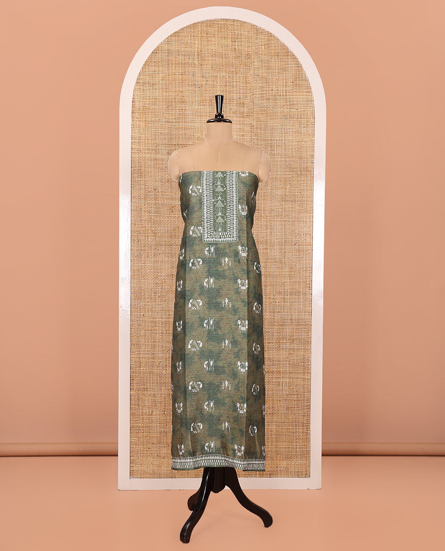 Green Material Churidar Set, Artfully Designed with Warli Motifs Printed on Chanderi Top, Comes with a Plain Santoon Bottom, and Is Paired with a Chanderi Dupatta Featuring Warli-Village Themed Motifs Print