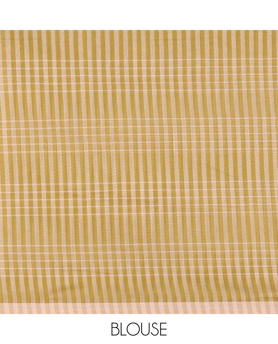 Brown checked design khadi cotton saree with contrast striped border & checked design pallu