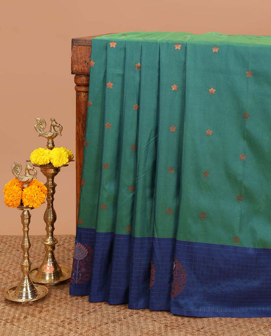 Peacock green with blue star zari butta soft silk saree with contrast small checks border & rich weaving pallu along with butta design blouse
