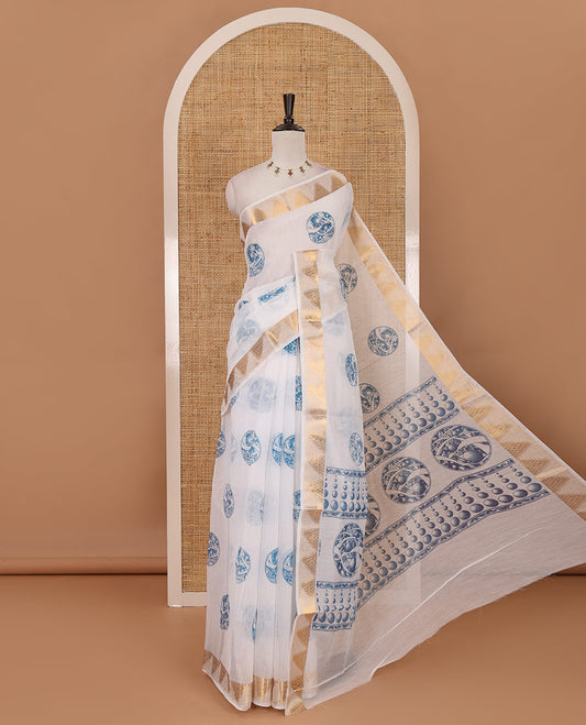 White-blue circular motifs printed mercerised cotton saree, gold zari temple  border, circular motifs printed pallu & matching zari border blouse