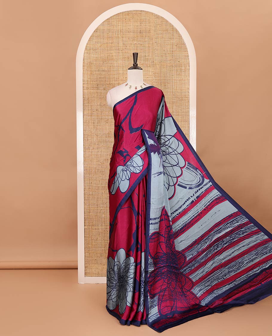 Purple painting-style  floral printed gajji silk saree, contrast piping border, printed pallu & contrast plain blouse