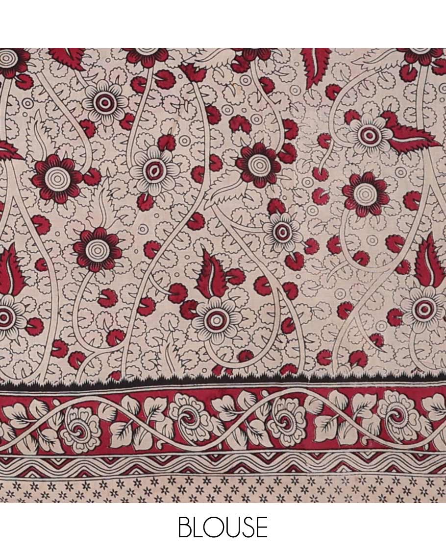 Cream floral vine design kalamkari cotton saree with contrast border & human inspried design pallu