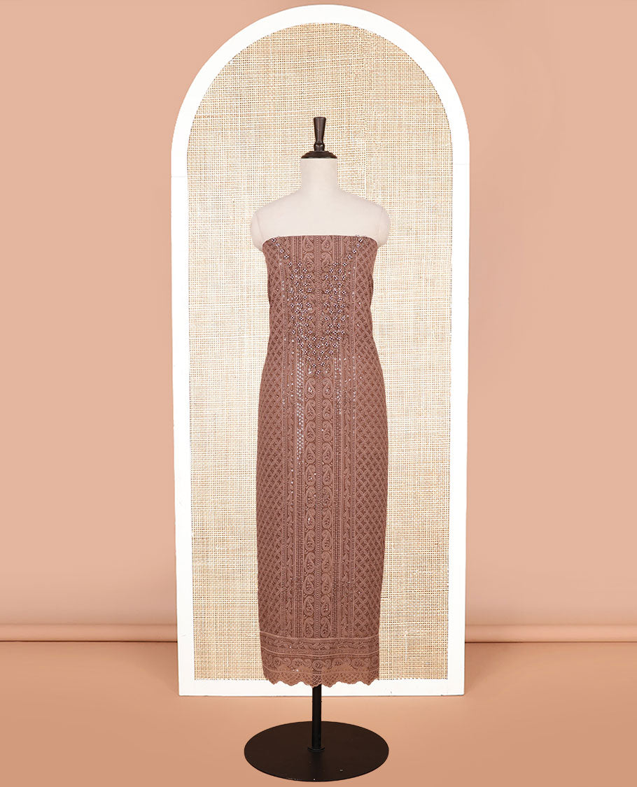 Chocolate brown shifli sequins work, swarovski stone, moti work georgette chudidhar material top with american crepe pant & chinnon material digital print , mirror work dupatta
