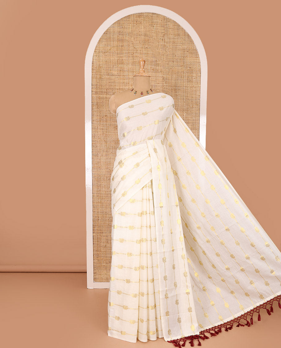 Borderless cream-maroon peacock and horizontal zari striped Kerala cotton saree, self-pallu with tassels, and a matching blouse