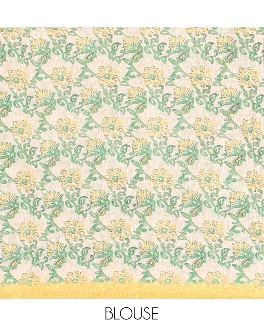 Yellow Linen Cotton Saree, Accentuated with Shibori Printed on Its Body, Subtle Piping Border, Pallu of Floral Vine Print, and Paired with a Contrast Floral Vine Printed Blouse