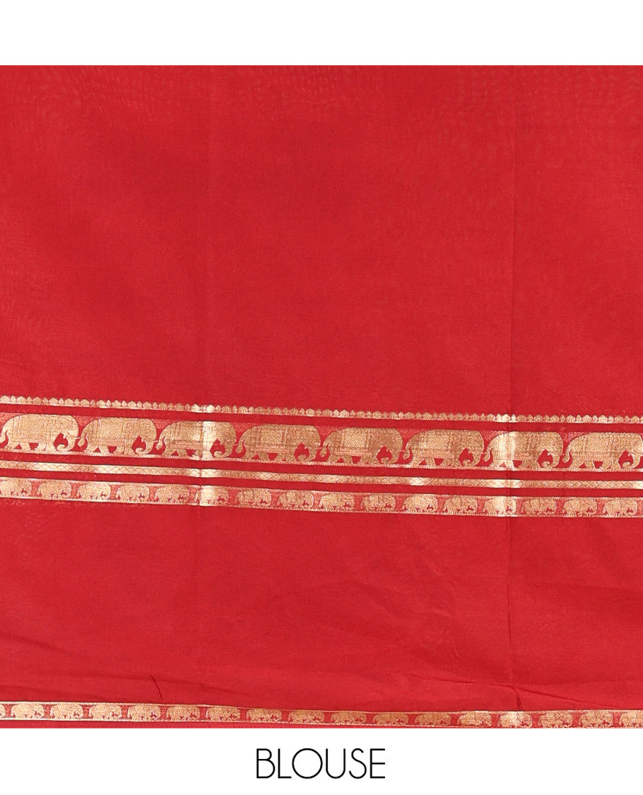 Cream Plain Art Mysore Silk Saree, Complemented by Captivating Contrast Rettai Pettu Traditional Border of Elephant Zari Buttas, Striped Pallu, and Paired with a Contrast Blouse