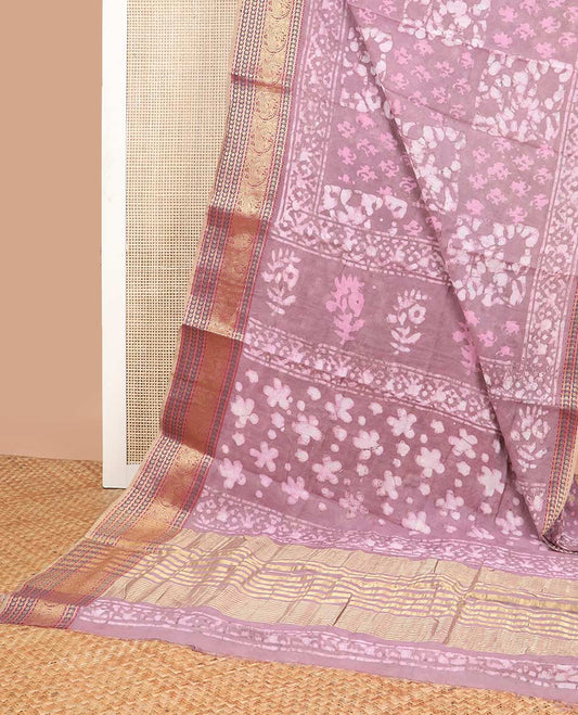Purple tie and die style floral design chanderi cotton saree with self zari design border & striped, floral design pallu