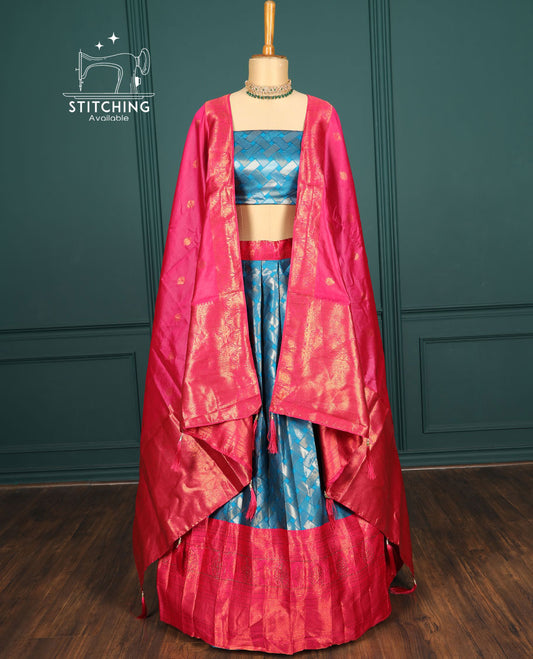 Blue geometric design art silk half saree,contrast blouse & traditional design stone work border & intricate dhavani
