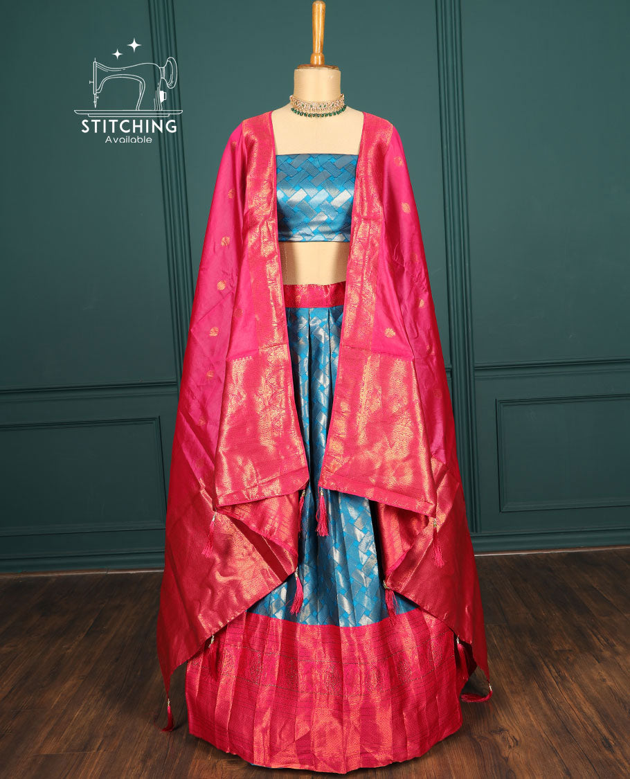 Blue geometric design art silk half saree,contrast blouse & traditional design stone work border & intricate dhavani