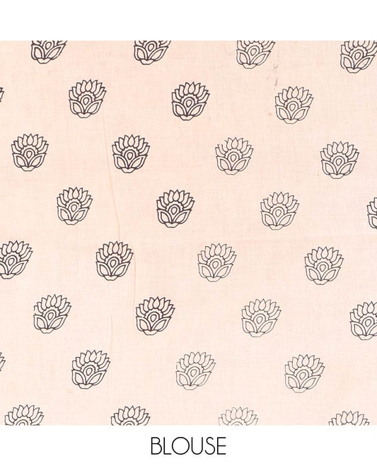 Black Machine-Printed Kalamkari Cotton Saree, Enthralled with Lotus and Fish Motifs Printed on Its Body, Contrast-Floral-Geametric Printed Border, Pallu of Peacock Print, and Paired with a Printed Blouse