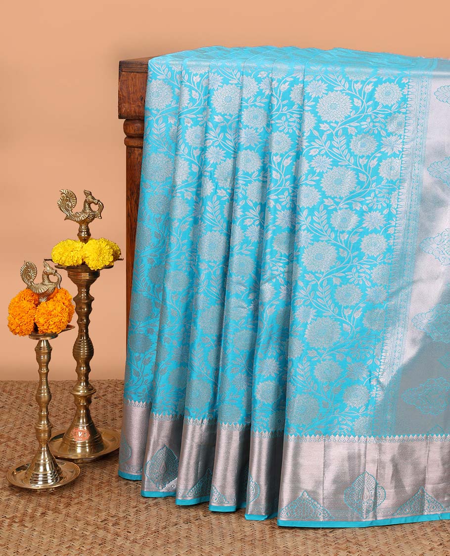 Blue zari flower brocade design soft silk saree with bawanchi, butta border & rich weaving pallu along with brocade blouse