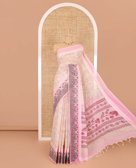 Chikku-baby pink floral, and dear motifs printed mangalagiri cotton saree, contrast resham thread traditional temple  border of Madhubani floral-peacock print, printed pallu, and a contrast blouse