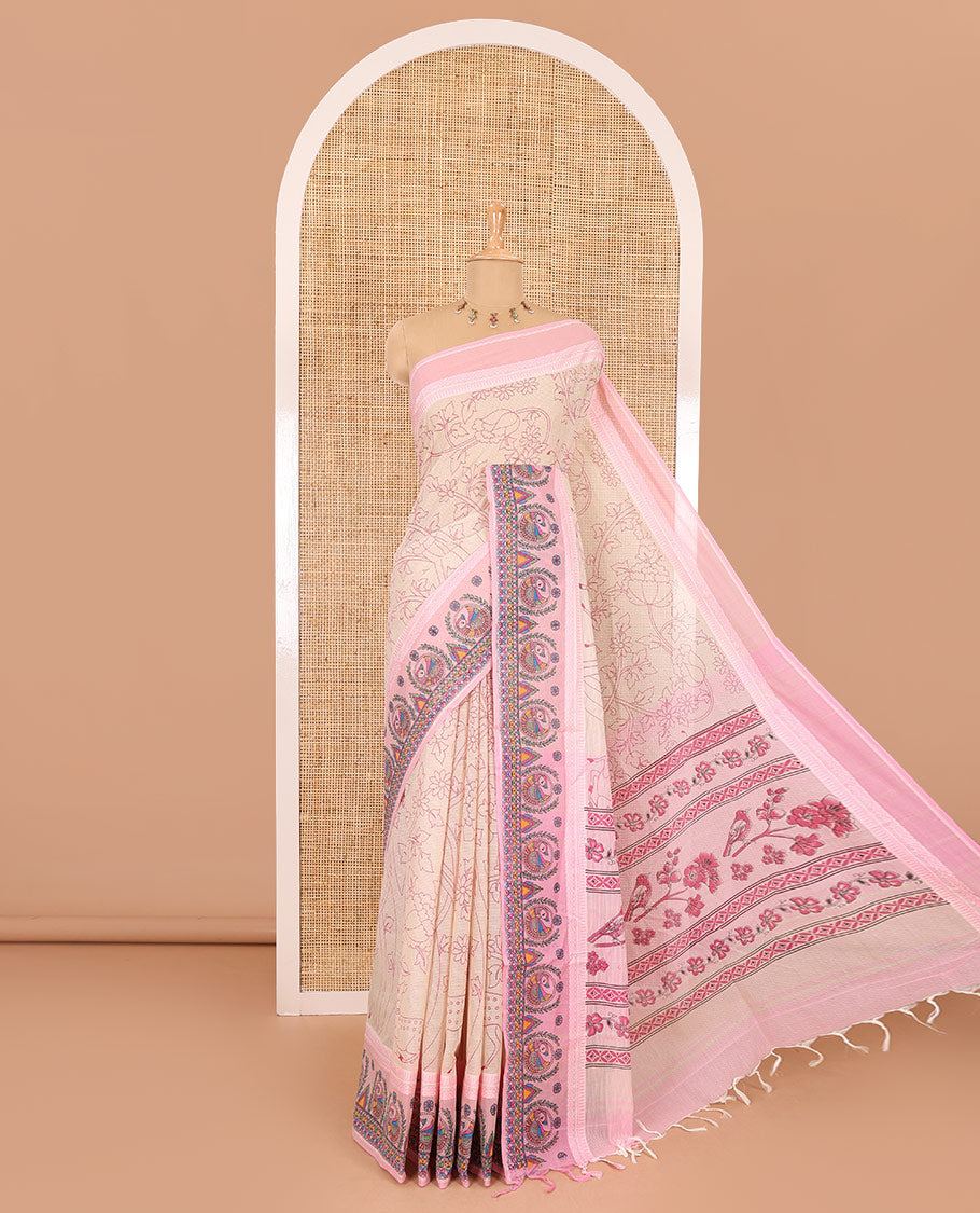 Chikku-baby pink floral, and dear motifs printed mangalagiri cotton saree, contrast resham thread traditional temple  border of Madhubani floral-peacock print, printed pallu, and a contrast blouse