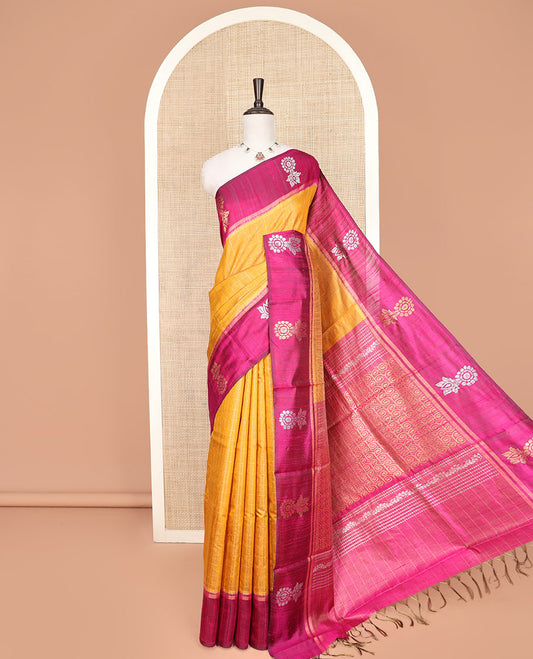 Yellow Dupion Silk Saree Highlighted with Checks All Over Its Body, Complemented by a Contrast Border  of Unique Motifs in Zari, Grand Pallu Depicts Geometric Designs, and Paired with a Contrast Blouse