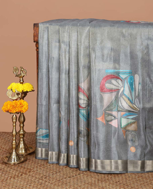 Grey geometric print crush tissue saree with zari border & tissue pallu along with plain blouse