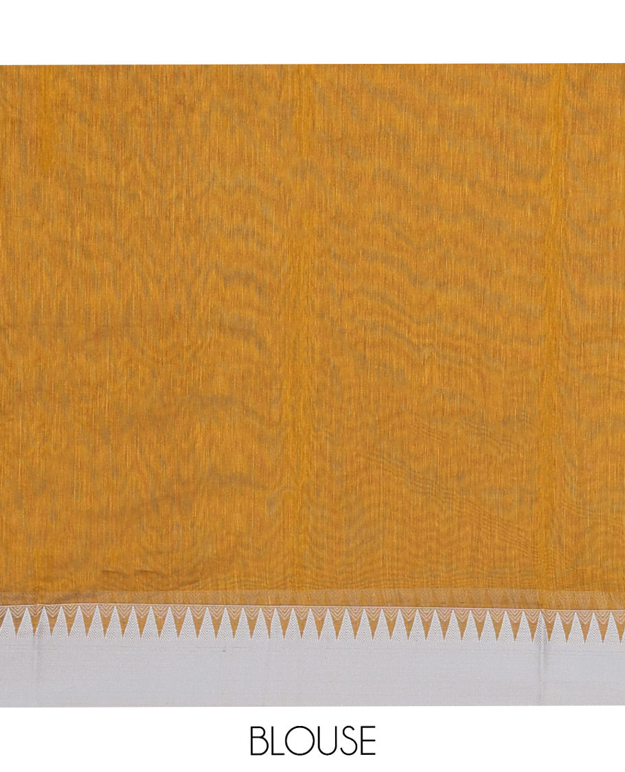 Mustard Semi-Silk Cotton Saree, Woven with Buttas on Its Body, Complemented by Contrast Temple Border, Pallu Steeped with Stripes Designs, and Paired with a Matching Blouse
